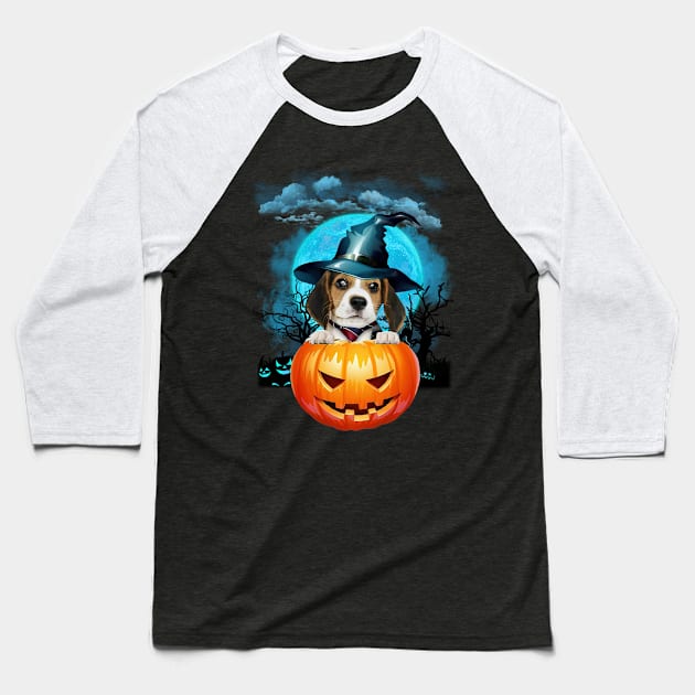 Beagle Witch Hat Pumpkin And Blue Moon Halloween Baseball T-Shirt by Centorinoruben.Butterfly